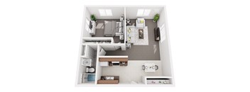 A top-down view of a small, neatly organized apartment with a kitchen, living room, and bedroom.