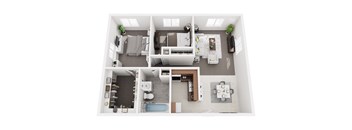 A top-down view of a small apartment with a bedroom, living room, kitchen, and bathroom.