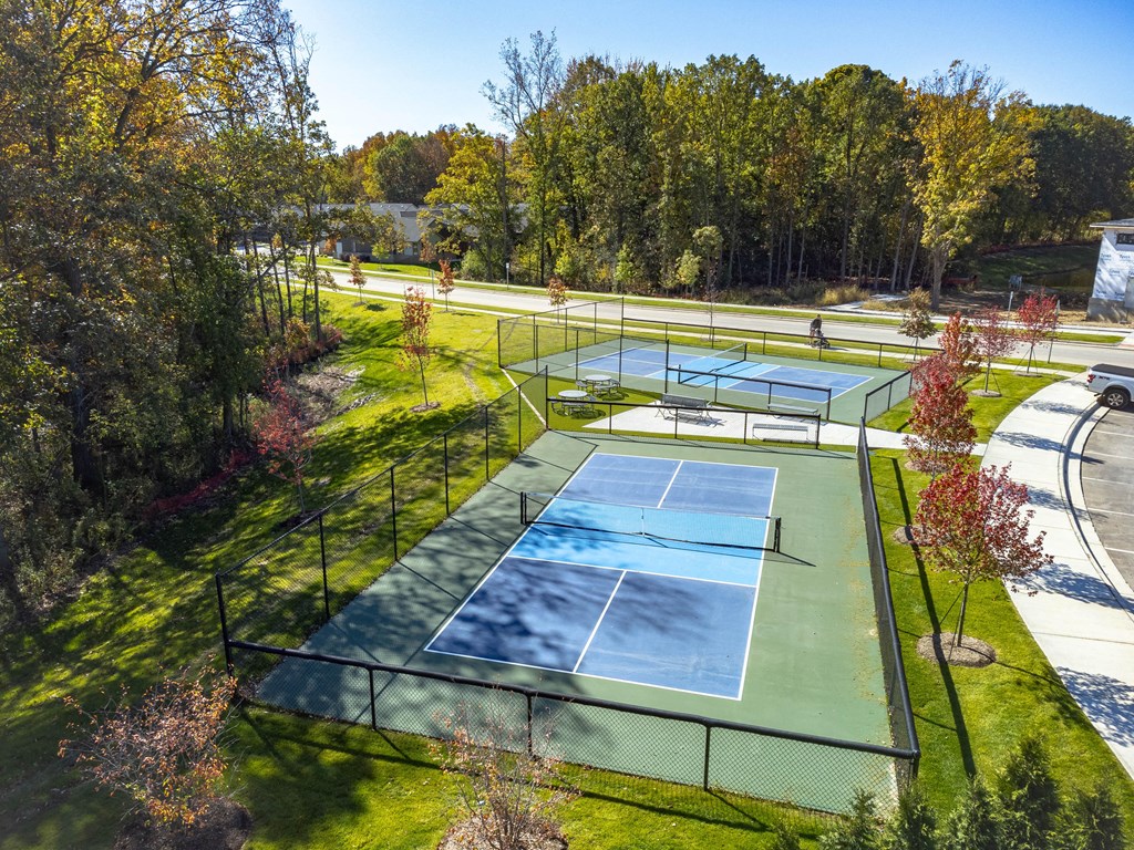 a tennis court on a grass field with trees in the background