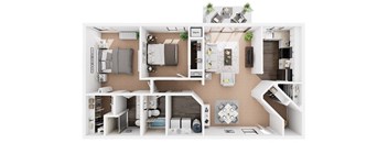A top-down view of a modern apartment layout with a kitchen, living room, and bedrooms.