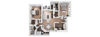 A top-down view of a small apartment layout with a kitchen, living room, and bedroom.