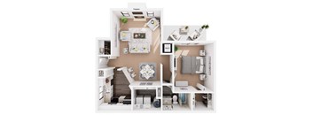 A top-down view of a small apartment layout with labeled sections for the kitchen, living room, and bedroom.