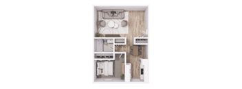 A modern apartment layout with a kitchen, living room, and bathroom.