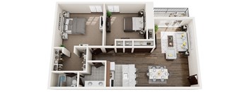 A top-down view of a well-organized apartment with a kitchen, living room, and bathroom.