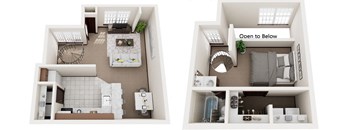 A diagram showing two different layouts of a small apartment.