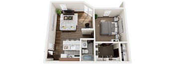 A top-down view of a small apartment with a living room, kitchen, and bathroom.