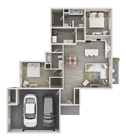 a floor plan of a house with cars and a garage