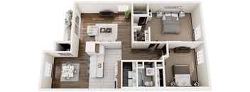 A top-down view of a small, modern apartment with a kitchen, living room, and bedroom.