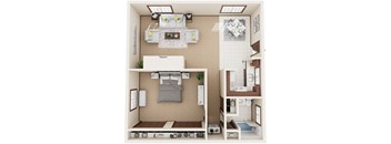 A small, neatly organized studio apartment with a bed, a desk, and a kitchenette.