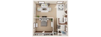 A 3D rendered image of a small apartment with a bedroom, living room, and kitchen.