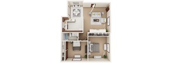A 3D floor plan of a small apartment with a kitchen, living room, and bathroom.
