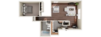 A 3D floor plan of a small apartment with a bedroom, living room, and kitchen.