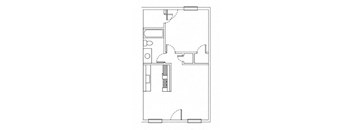 A floor plan of a house with a kitchen, living room, and two bedrooms.