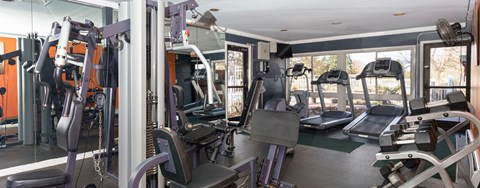A gym with a variety of equipment including treadmills, weights, and exercise machines.