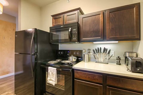 A kitchen with a black refrigerator and wooden cabinets.