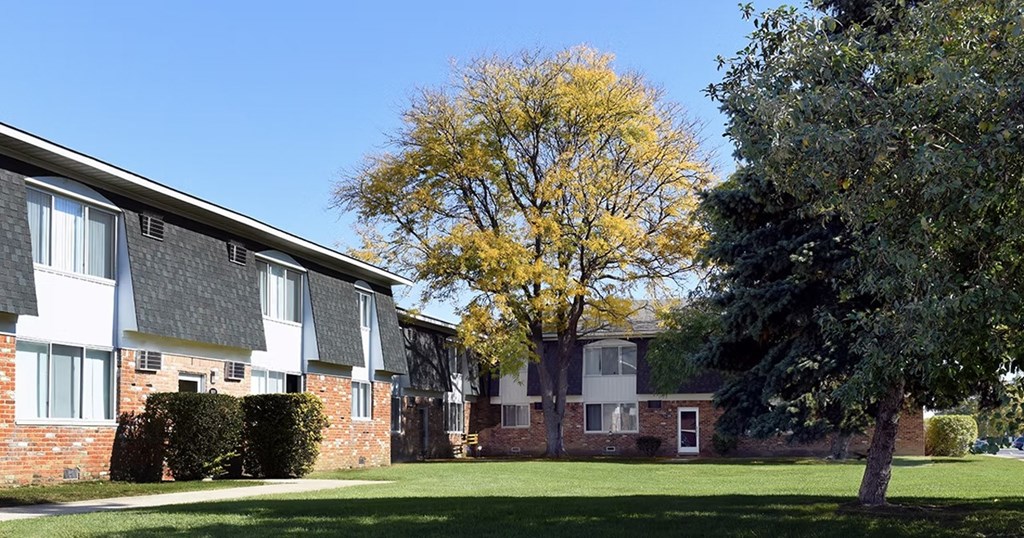 A tree with yellow leaves stands in front of a building.