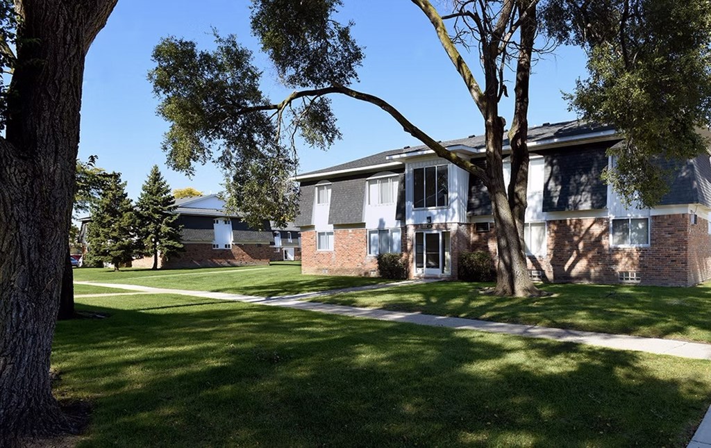 A tree in front of a building with a white door.