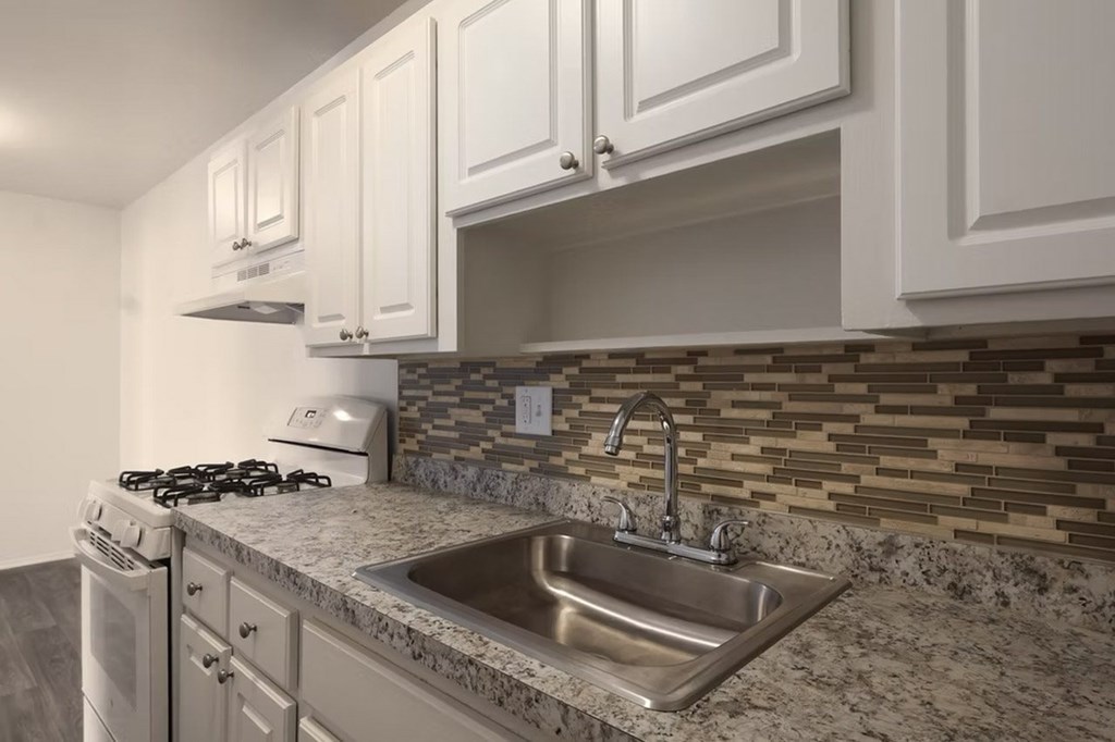 A kitchen with a stove, sink, and cabinets.