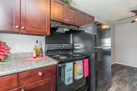 A black stove and refrigerator in a kitchen with wooden cabinets.