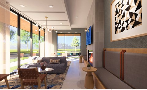 A modern living room with a grey couch, a wooden chair, a coffee table, and a large abstract painting on the wall.