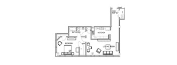 A floor plan of a house with a living room, kitchen, bathroom and bedroom.