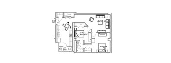 A floor plan of a house with a living room, dining room, kitchen, and bathroom.