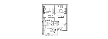 A floor plan of a small apartment with a living room, bedroom, kitchen, bathroom, and utility space.