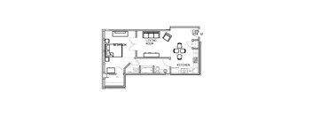 A floor plan of a small apartment with a living room, kitchen, and bedroom.