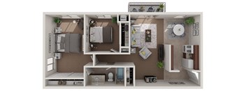 A 3D floor plan of a small apartment with a kitchen, living room, and bathroom.