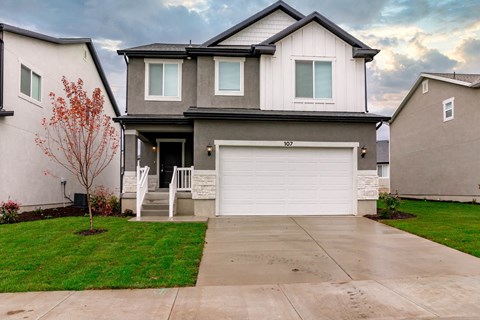 A two-story house with a garage and a tree in front.