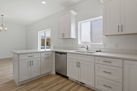 A kitchen with white cabinets and a stainless steel dishwasher.