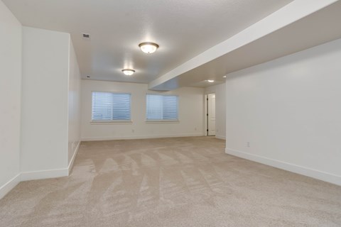 A spacious room with carpeted floor and two windows.