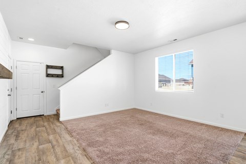 A room with a pink carpet and a window showing a building outside.
