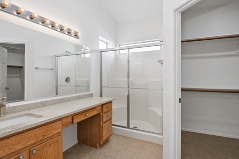 a bathroom with a large shower and a sink and a mirror