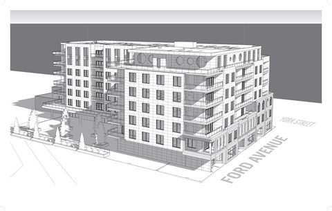 A drawing of a building with Ford Avenue written on the side.