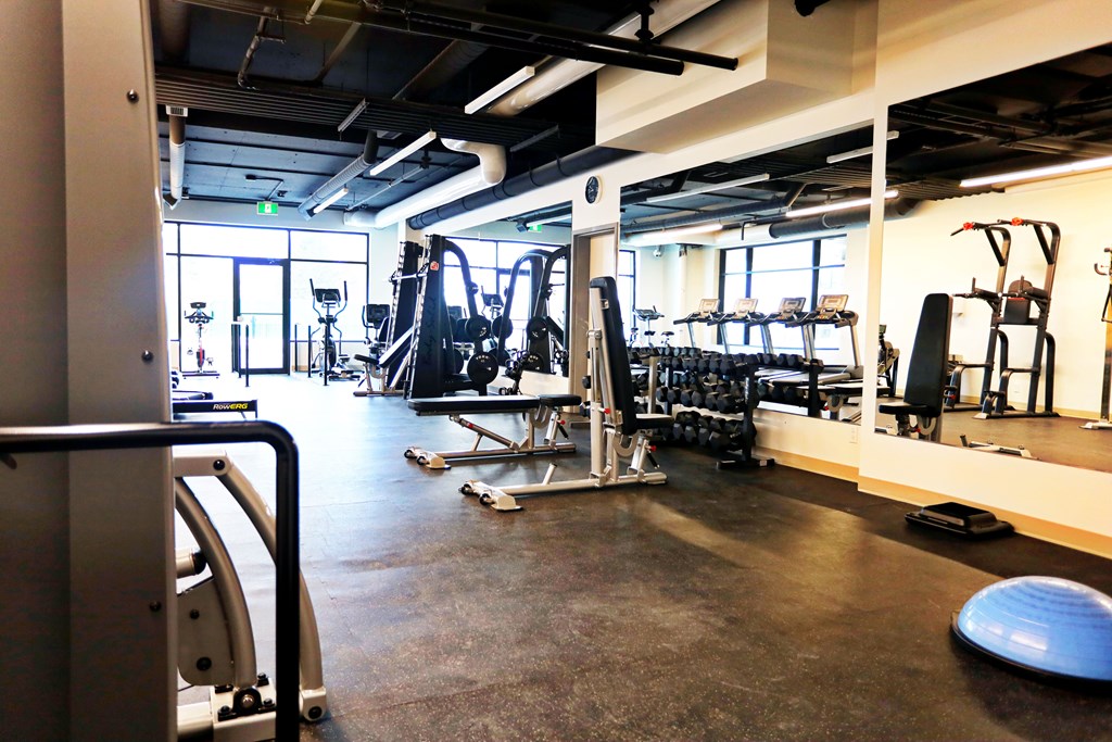 A gym with a variety of equipment including a leg press machine.