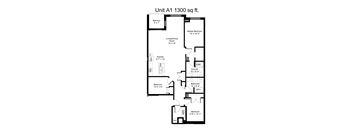 A drawing of a floor plan for a 1300 square foot unit, showing the layout of the rooms.
