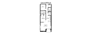 A floor plan for a 885 square foot unit with a living/dining room, kitchen, bedroom, powder room, and den.