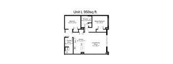 A floor plan of a 950 square foot unit with a living/dining room, kitchen, bathroom, powder room, and two bedrooms.