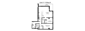A floor plan for a 1135 square foot unit with a living room, two bedrooms, a kitchen, and bathrooms.