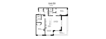 Floorplan of a 2 bedroom, 2 bathroom unit