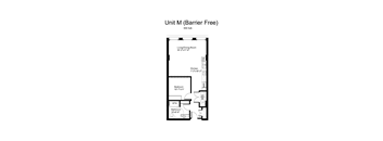 Floorplan of a 1 bedroom, 1 bathroom unit