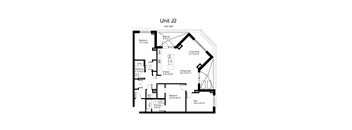 Floorplan of a 2 bedroom, 2 bathroom unit with a den