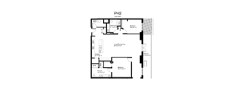 Floorplan of a 2 bedroom, 2 bathroom unit