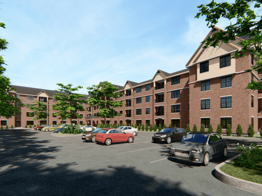 a rendering of a parking lot with cars in front of an apartment building