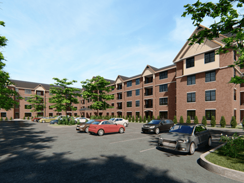 a rendering of a parking lot with cars in front of an apartment building