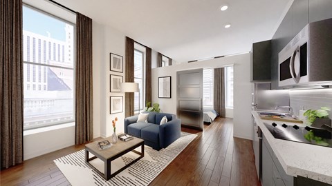 a rendering of a living room and kitchen in an apartment