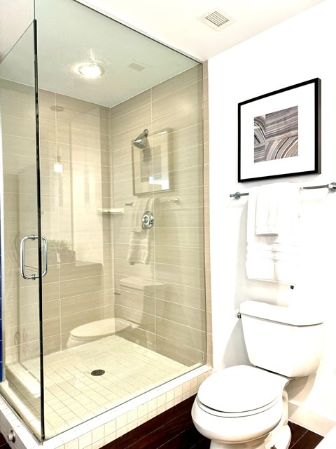 a bathroom with a toilet and a glass shower