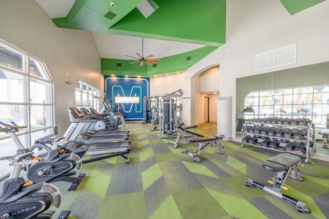 a gym with weights and cardio equipment and windows