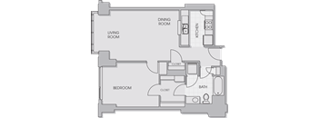 A floor plan of an apartment with a living room, dining room, kitchen, bedroom, bathroom, and closet.
